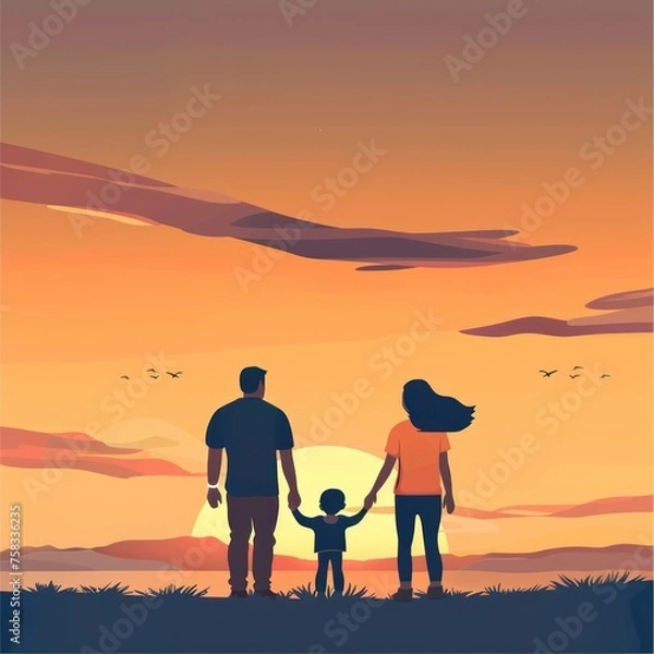 Fototapeta Parents hold the Child's hands and look at the Sunset. Flat illustration with Copy Space