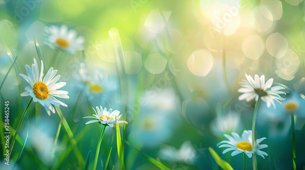 Fototapeta spring grass and daisy wildflowers nature abstract background 