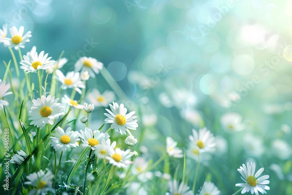 Fototapeta spring grass and daisy wildflowers nature abstract background 