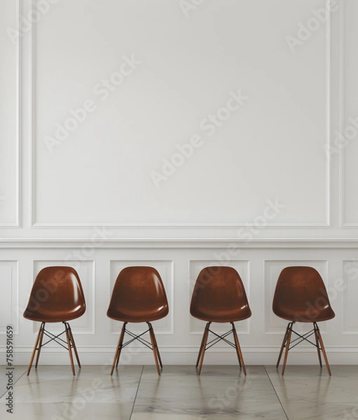 Fototapeta 4 brown mid-century chairs in front of white crown molding