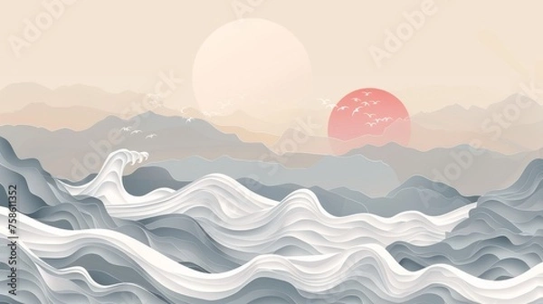 Fototapeta This is a background with an abstract landscape with a modern image of a Japanese wave pattern in white and gray. Ocean sea art with a natural template.