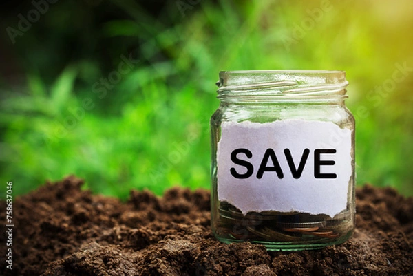 Fototapeta Savings money jar full of coins on soil