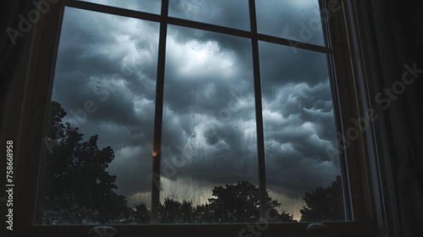 Fototapeta As I gaze out the window, a mesmerizing scene unfolds before me. The sky is shrouded in a blanket of charcoal-gray clouds, heavy with impending rain. The atmosphere is charged with anticipation.