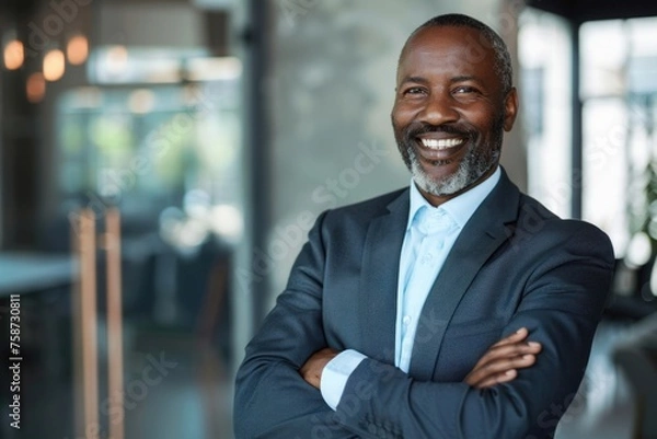 Fototapeta Portrait of successful african american boss, businessman in business suit smiling and looking at camera with crossed arms inside office, man satisfied with work and achievements, Generative AI