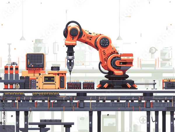 Fototapeta  A robotic arm assembles intricate electronics on a production line working with high precision and speed to meet manufacturing demands. 