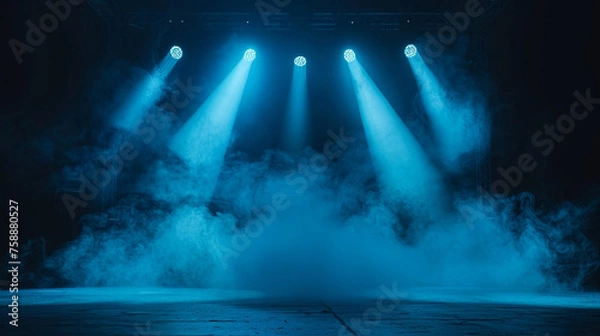 Fototapeta dark stage with blue spotlights and smoke. Dark background for product presentation, concert poster or dance show banner