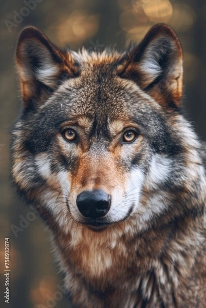 Fototapeta A close-up image of a wolf looking directly at the camera. Suitable for wildlife or nature themes