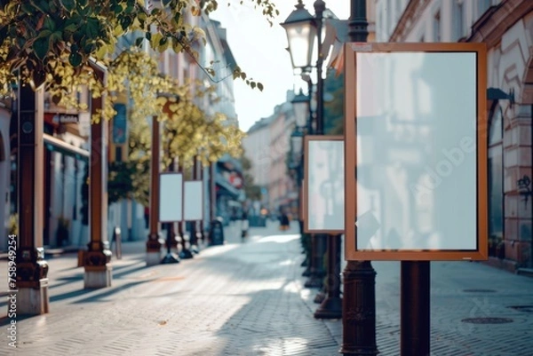 Fototapeta Urban city street with row of street lamps, suitable for urban design projects