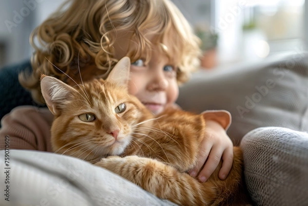 Fototapeta closeup of child boy hug cat at home