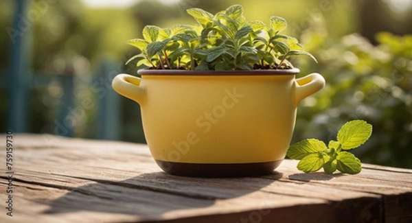 Obraz Beautiful mint plant in a pot on a rustic wooden table