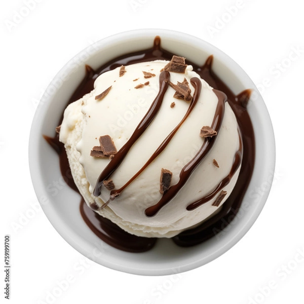 Fototapeta Bowl of vanilla ice cream ball with chocolate sauce isolated on transparent or white background, png