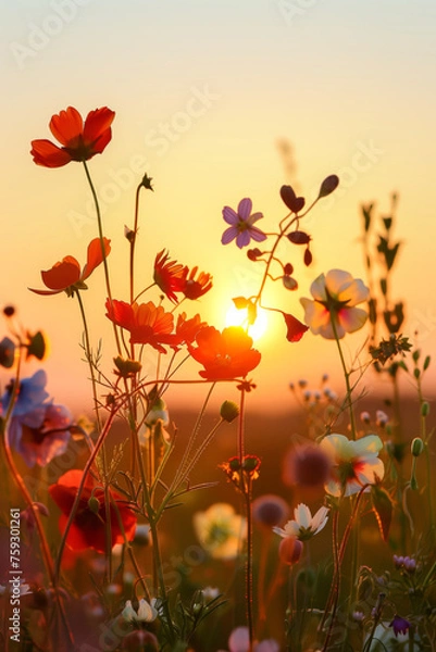 Fototapeta Beautiful wildflowers against the backdrop of the setting sun and dew drops and mist