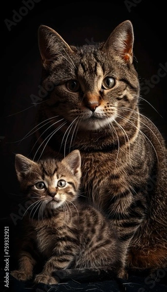 Fototapeta Male bornean bay cat and kitten portrait with object, space for text on left side