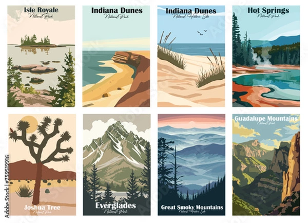 Fototapeta Set of 8 Vintage National Park Posters National Park Art Prints, Nature Wall Art, and Mountain Print Travel Wall Art Living Room Bedroom Bathroom Decor.