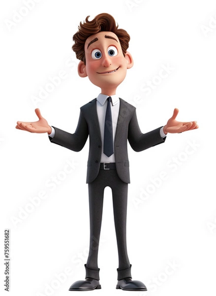 Fototapeta 3d young business man wearing black suit and tie with a happy face and open arms warm welcoming, isolated on transparent PNG background.