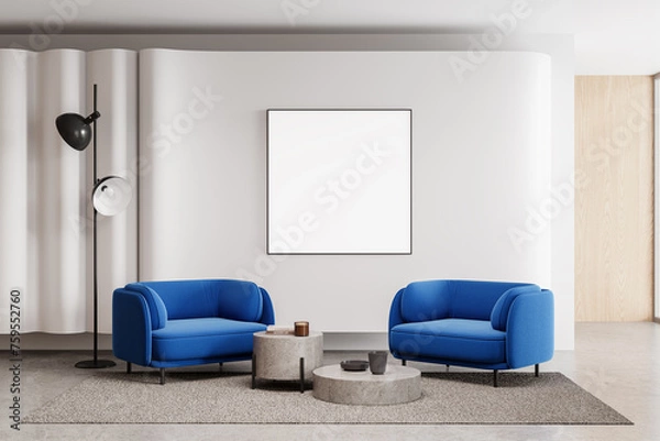 Fototapeta Stylish living room interior with two armchairs and coffee table, mockup frame