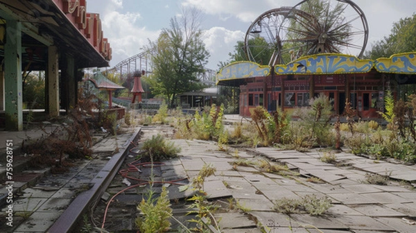 Fototapeta A documentary filmmaker exploring the ruins of a once-thriving amusement park