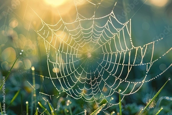 Fototapeta A dew-covered spiderweb in the early morning light showcasing the intricate beauty of natures designs