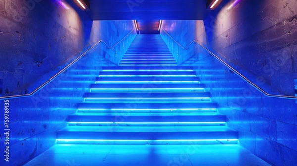 Fototapeta Enlightened Path, Blue illuminated stairs, Futuristic Journey