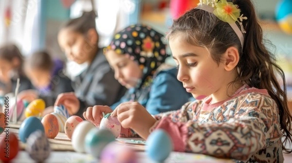 Fototapeta Blurred faces of children engaged in decorating Easter eggs, a traditional and creative holiday activity