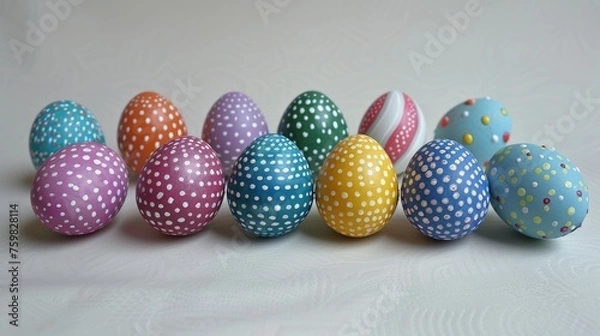 Obraz A festive display of multicolored Easter eggs with polka-dot patterns resting on a textured fabric