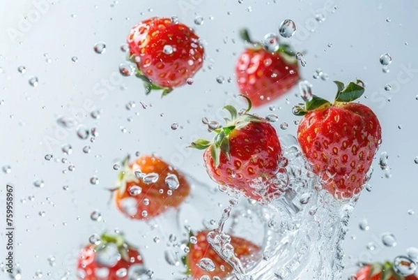 Obraz Strawberries falling into water with a splash on a white background