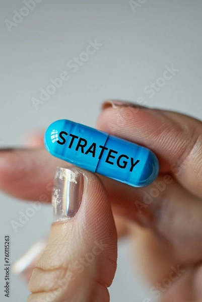 Fototapeta Fingers holding a blue mini pill with text "STRATEGY"