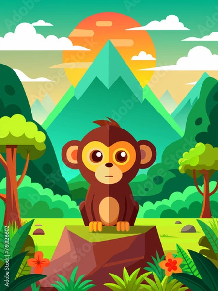 Fototapeta A lonely monkey sits on a branch overlooking a vast and verdant landscape.