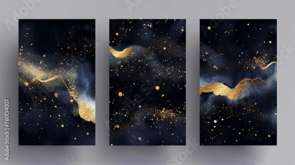 Fototapeta Three-panel set of abstract art mimicking a cosmic scenery with gold accents on a dark blue background