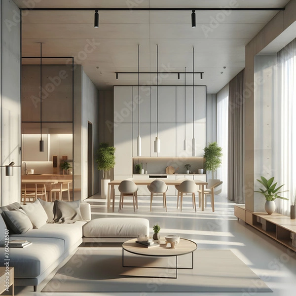 Fototapeta A modern minimalist home interior design with clean lines, sleek furniture, and neutral color palette, featuring an open-concept living space connected to a spacious kitchen, illustration,Ai generated