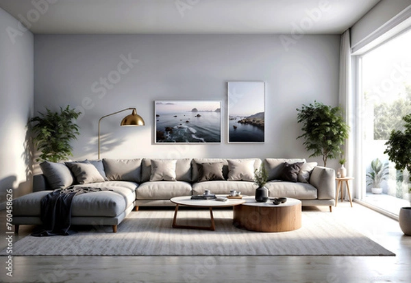 Fototapeta Modern Living Room Inspiration: Sectional Couch with Stylish Art