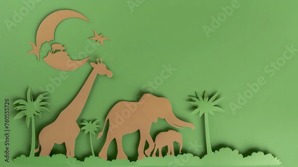 Fototapeta Animals silhouettes on green background. 3D rendering illustration.Serenity in Nature: A Paper Art Wildlife Scene