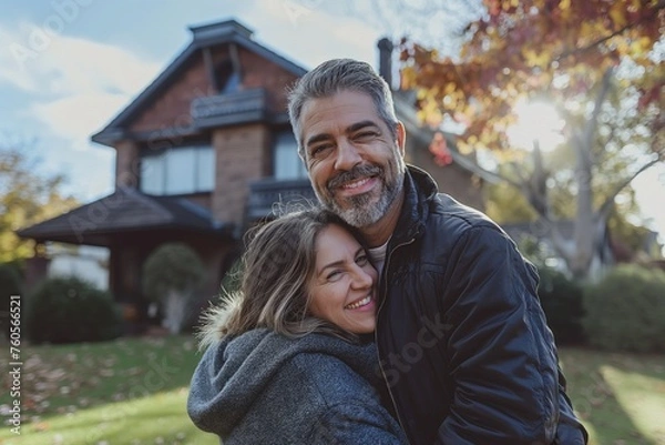 Obraz Loving couple embraces in autumn glow, sharing a joyful moment in front of their cozy home