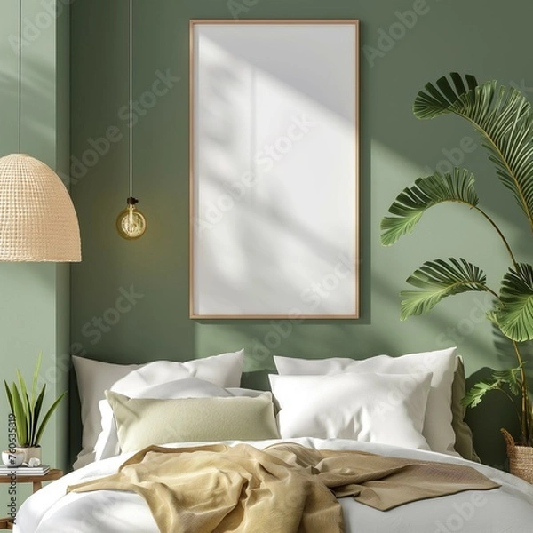 Fototapeta Frame mockup. Plants against a green wall. Scandinavian bedroom interior design