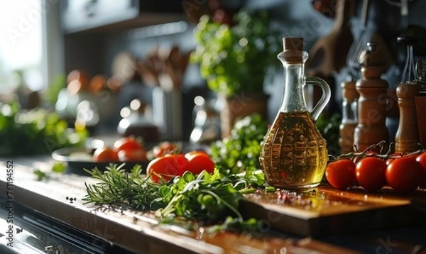 Fototapeta olive oil virgin bottle with green salad ingredients for healthy dish making in modern clean kitchen counter setup as wide banner with copy space area, Generative AI