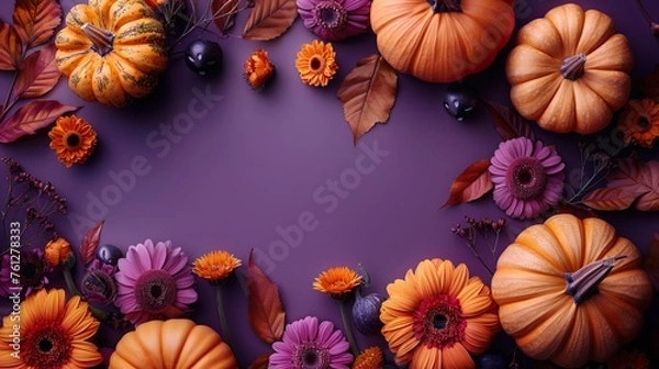 Fototapeta Halloween background with pumpkin. Happy Halloween. Halloween photo with pumpkins. Conceptual composition of an autumn holiday with autumn flowers, leaves on a gentle background.