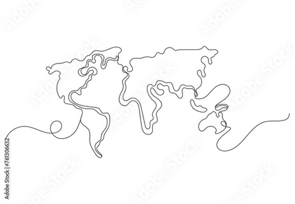 Fototapeta World map, one line art. Vector illustration of a World Map drawn by hand with a continuous line.