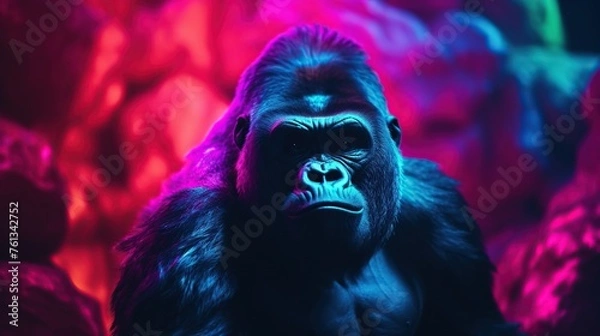 Fototapeta male gorilla with bluish purple light background