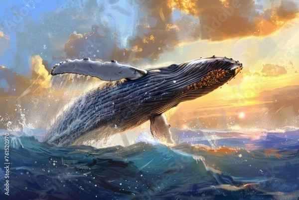 Fototapeta A powerful humpback whale leaps out of the water, displaying its massive body in mid-air. The whales sleek form contrasts against the blue ocean backdrop as it splashes back into the water