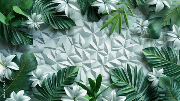 Fototapeta White green geometric floral tropical leaves 3d tiles wall texture background banner