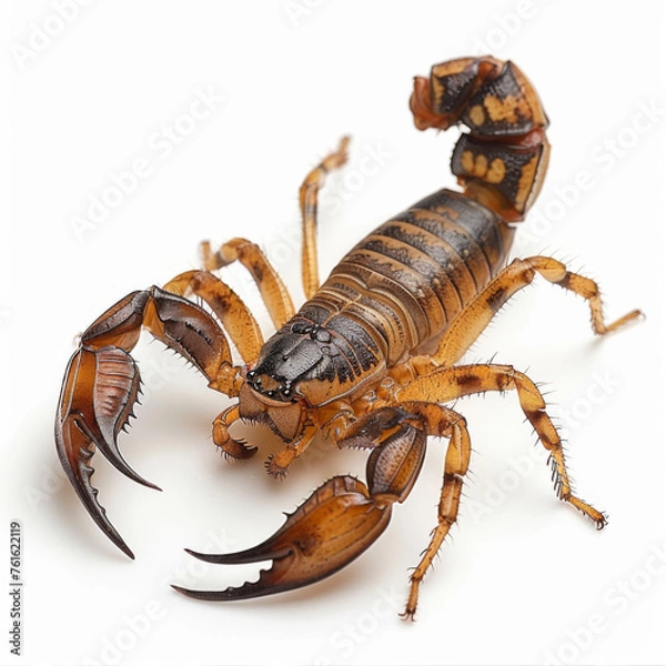 Fototapeta A detailed close-up of a brown scorpion on a white background, highlighting its pincers and tail.