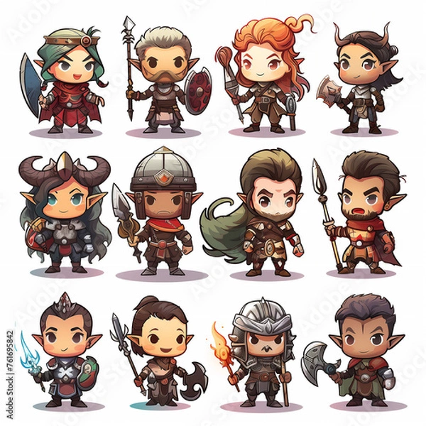 Fototapeta Diverse Set of Fantasy Character Illustrations, Cute Chibi Style Warriors
