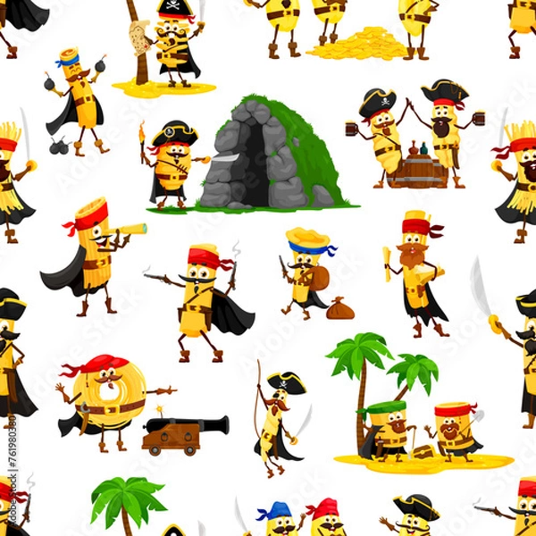 Fototapeta Cartoon Italian pasta as pirate corsair characters in seamless pattern, vector background. Funny penne in Caribbean pirate captain hat, spaghetti corsair and tagliatelle filibuster with gun and sword