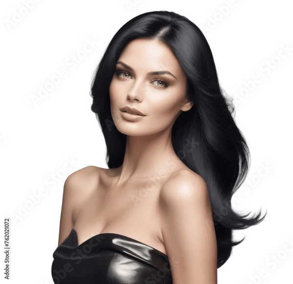 Fototapeta woman with long black and shiny hair, fashion, cosmetics and makeup isolated on transparent background