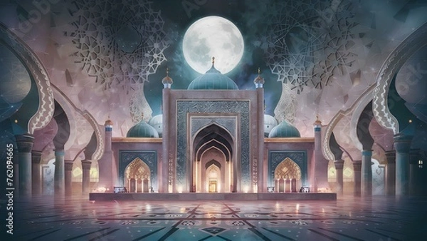 Fototapeta Moon light shine through the islamic mosque. Ramadan Kareem islamic background