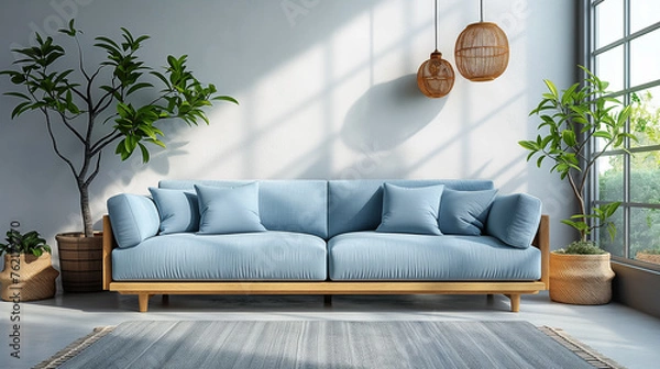 Fototapeta interior design in the living room in boho style, light blue sofa and wooden furniture