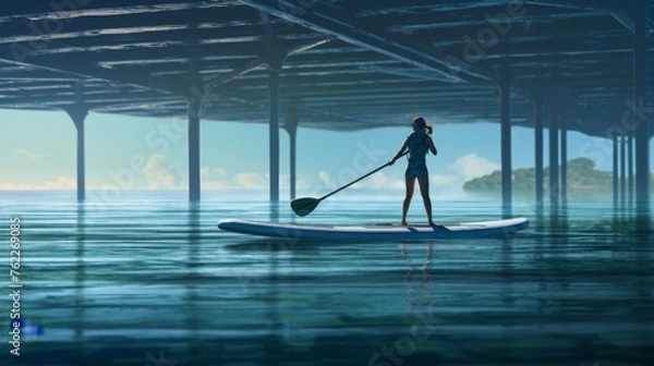 Fototapeta Paddle boarding. Woman standing on a SUP board with an oar floats on the water at dusk.