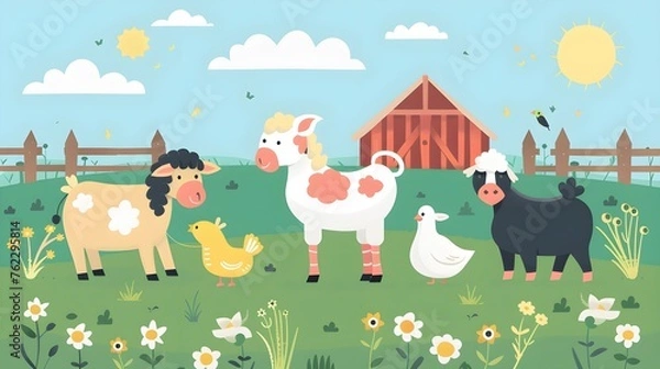 Fototapeta flat vector illustration of cute farm animals 