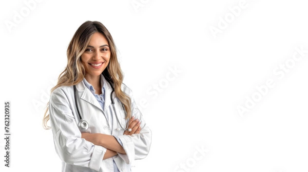 Fototapeta Portrait of an attractive young female doctor in white coat. PNG file of isolated cutout object on transparent background.