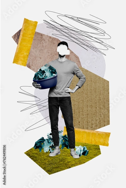 Fototapeta Vertical creative collage young standing man activist volunteer gather collect garbage polluted nature saving duty drawing background